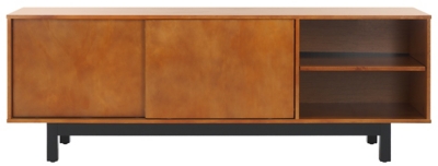 Mainebury 63 TV stand front view with two sliding doors and open shelves