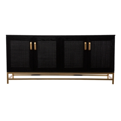 Front view of the black TV cabinet with four woven panels and gold handles
