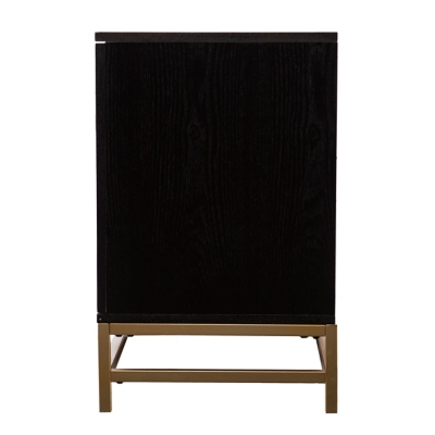 Rear/side panel of the black TV cabinet showing solid wood