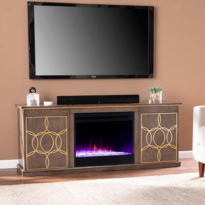 Southern Enterprises Furniture Lorilee 60" TV Stand with Color Changing Fireplace, Brown/Gold