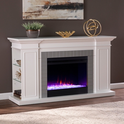 Southern Enterprises Cherise 54 Mantel with Color Changing Electric Fireplace and Shelves, White