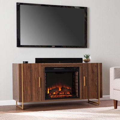 "Southern Enterprises Furniture Reslyn 55" TV Stand with Electric Fireplace", Brown/Gold