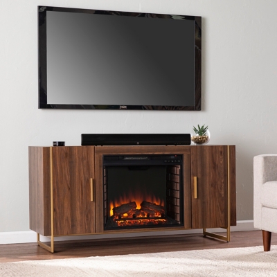 Southern Enterprises Furniture Reslyn 55 TV Stand with Electric Fireplace, Brown/Gold