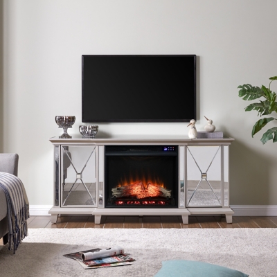 Southern Enterprises Veda Mirrored 58 TV Stand with Touch Screen Electric Fireplace, Silver