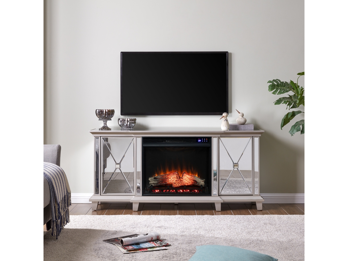 Southern Enterprises Veda Mirrored 58 TV Stand with Touch Screen Electric Fireplace