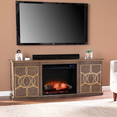 Southern Enterprises Furniture Lorilee 60 TV Stand with Touch Screen Fireplace, Brown/Gold