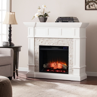 Southern Enterprises Crossam Touch Screen Electric Convertible Fireplace  with Faux Stone - White | Ashley