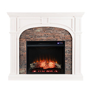 Southern Enterprises Ebberton Touch Screen Electric Fireplace with Faux Stone, White, large