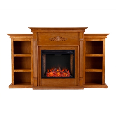 Southern Enterprises Harkdale Smart Bookcase Fireplace, Glazed Pine, large