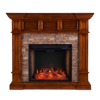 Southern Enterprises Crossam Smart Convertible Fireplace with Faux Stone - Buckeye Oak, , large