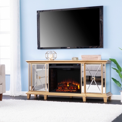 Southern Enterprises Valorville Mirrored 58" TV Stand with Electric Fireplace, Gold