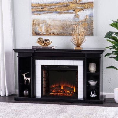 Southern Enterprises Furniture Marionalle Electric Fireplace Mantel with Bookcase, Black/White