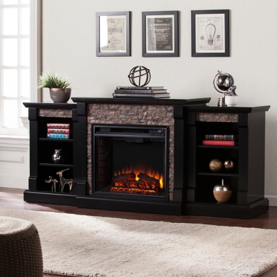 SEI Furntiure Brently Electric Fireplace w/ Bookcases - Black w/ Black River Faux Stone, Black, rollover