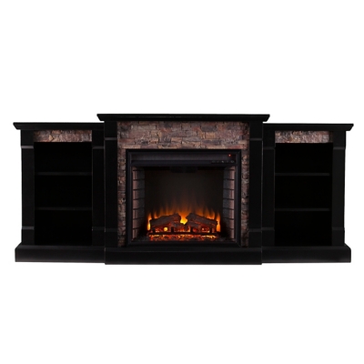 SEI Furntiure Brently Electric Fireplace w/ Bookcases - Black w/ Black River Faux Stone, Black, large