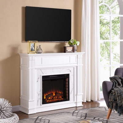 Southern Enterprises Ellisville Faux Cararra Marble 48" Mantel with Electric Fireplace, White