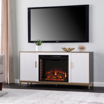 Southern Enterprises Furniture Flanisting Electric Fireplace 54 TV Stand, Black/White/Gold