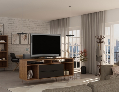 Manhattan Comfort Rockefeller 62.99" TV Stand with 2 Drawers, Natural/Gray, large