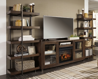 Starmore 3-Piece Entertainment Center with 70 TV Stand and Electric Fireplace, Brown/Gunmetal