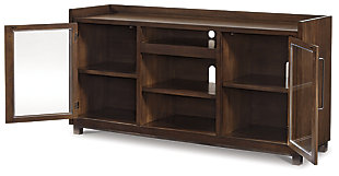 For fans of urban industrial design, the Starmore XL TV stand clearly steals the show. Its blend of acacia veneer and wood is beautified with an oiled walnut-tone finish for a highly contemporary aesthetic with grainy, earthy character. Infusion of dark bronze-tone metal takes the cool character to another level. And for your added viewing pleasure, this entertainment center is compatible with our electric fireplace inserts (sold separately).Made of acacia veneers, wood and engineered wood | Oiled walnut-tone finish | Dark bronze-tone metal hardware | 2 glass-front cabinets, each with an adjustable shelf; adjustable/removable center shelf, open cubby and cutouts for wire management | Compatible with W100-02 and W100-101 electric fireplace inserts (sold separately) | Assembly required | Estimated Assembly Time: 60 Minutes