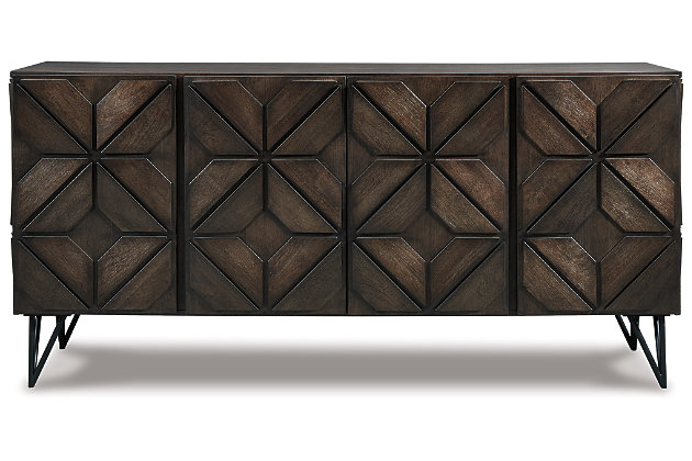 Entertain the possibilities with the Chasinfield extra large TV stand. Proving that furniture can be an art form, this sleek, chic cabinet stand—which accommodates up to 75" TVs—stands out from the crowd with a geometric overlay design that incorporates so much dimension. Adjustable shelving and cutouts for wire management make it highly accommodating. What's more, this TV stand works equally well as a dining room server or entryway console. How's that for staying power?Made with mango veneers and engineered wood | 4 cabinet doors | 3 adjustable shelves | Estimated Assembly Time: 60 Minutes