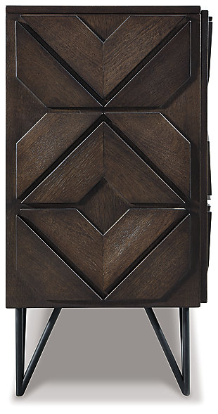 Entertain the possibilities with the Chasinfield extra large TV stand. Proving that furniture can be an art form, this sleek, chic cabinet stand—which accommodates up to 75" TVs—stands out from the crowd with a geometric overlay design that incorporates so much dimension. Adjustable shelving and cutouts for wire management make it highly accommodating. What's more, this TV stand works equally well as a dining room server or entryway console. How's that for staying power?Made with mango veneers and engineered wood | 4 cabinet doors | 3 adjustable shelves | Estimated Assembly Time: 60 Minutes