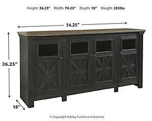Shabby chic with a hint of down home country is what gives the Tyler Creek TV stand standout style. Appealing to today’s more relaxed sensibilities, its richly rustic two-tone effect blends a textured black finish with a weathered gray-brown top for an easy-elegant aesthetic. Framed doors with crossbuck detailing and clear glass insets bring a touch of modern farmhouse to the scene.Made of veneers, wood and engineered wood | Two-tone finish | 4 doors with clear glass insets and antiqued bronze-tone knobs | 3 adjustable shelves | Cutouts for ventilation and wire management | Assembly required | Estimated Assembly Time: 45 Minutes