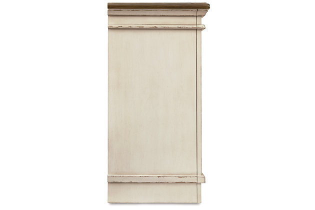 Elevating the art of traditional cottage styling, the Realyn TV stand is sure to serve you beautifully for years to come. Antiqued two-tone finish blends a chipped white with a distressed wood tone top for added charm. Cabinet door features inset mirror with filigree moulding for a fanciful twist.Made with poplar wood, oak and birch veneers and engineered wood | Two-tone finish (chipped white case and distressed wood tone top) | 2 cabinet doors with inset mirrors and filigree mouldings | Cutouts for wire management and ventilation | Removable/adjustable center shelf | 4 adjustable side shelves | Dark bronze-tone metal hardware | Assembly required | Estimated Assembly Time: 30 Minutes