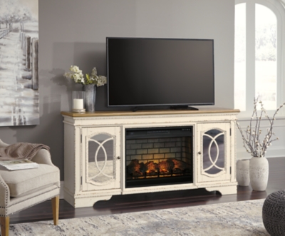 Realyn 74 TV Stand with Electric Fireplace, Chipped White