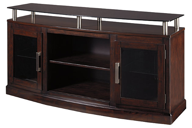 If you’re looking for an elevated take on contemporary style, you’re sure to appreciate the Chanceen TV stand’s show-stopping good looks. Its “floating” black glass top brings that wow factor you’ve been yearning for. Other standout elements, including an arched front design, glass-front cabinets and architectural bar pulls give this TV stand a sleek sensibility and touch of drama.Made of veneers, wood and engineered wood | Raised glass top with metal supports | 2 glass-front cabinets (each with an adjustable glass shelf) | Adjustable/removable center shelf | Wire-brushed nickel-tone pulls | Compatible with W100-101 or W100-02 fireplace insert (sold separately) | Cutouts for wire management | Assembly required | Excluded from promotional discounts and coupons | Estimated Assembly Time: 45 Minutes