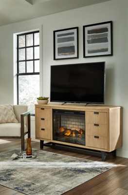 Freslowe 67 TV Stand with Electric Fireplace, Light Brown/Black