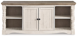 Set your sights on modern farmhouse style with the Havalance XL TV stand. Distressed two-tone treatment blends a weathered gray with vintage white for an utterly charming effect. Turned posts lend a hearty, substantial look that feels right at home, while plenty of open shelving makes the aesthetic anything but heavy.Made of pine wood, pine veneers and engineered wood | Two-tone distressed finish: weathered gray top; vintage white base | TV stand with 2-door cabinet with single-shelf storage and 2 open shelves | Aged iron-color hardware | Cutouts for wire management | Assembly required | Estimated Assembly Time: 30 Minutes