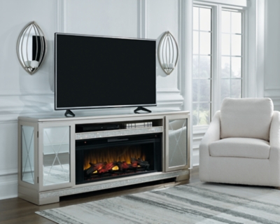 Flamory 72 TV Stand with Electric Fireplace, Silver