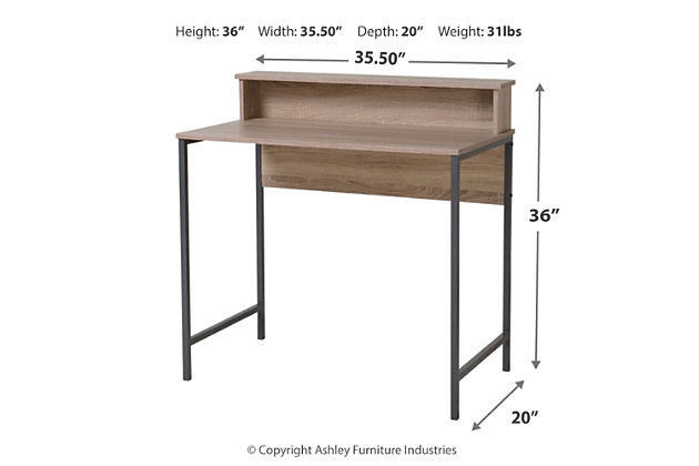Despite its relatively modest scale, this home office desk is packed with potential. The desk with hutch offers plenty of space to work, create or play. Best of all, its modern aesthetic keeps the look open and airy.Made of engineered wood and metal | Light brown wood finish; gunmetal finish legs | Attached hutch for additional display space | Light weight and easy to assemble | Estimated Assembly Time: 30 Minutes