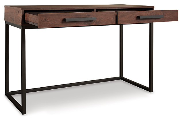 Despite its relatively modest scale, this home office desk is packed with potential. The simple parsons-style desk features a double-drawer design, perfect for keeping supplies out of sight while still close at hand. Best of all, its timeless aesthetic merges classic and contemporary elements with ease.Made of engineered wood with sled-style metal legs | Warm brown finish | Gunmetal finish handles | 2 pull-out drawers | Light weight and easy to assemble | Estimated Assembly Time: 45 Minutes