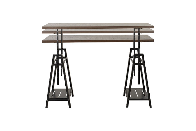 Elevate your style and your productivity with the Irene adjustable height desk. An especially cool look for those short on space, this minimalist-chic desk with open storage shelves and sawhorse legs offers eight height adjustment settings to give you plenty of options when working on homework, art projects or just relaxing. This desk’s two-tone combination of warm brown wood tones and tubular black metal is contemporary style at its best.Made of laminated engineered wood with metal base | Warm brown finish | Black finish steel base | 2 fixed shelves | 8 height adjustment options | Easy to assemble | Estimated Assembly Time: 30 Minutes