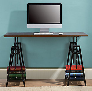 Elevate your style and your productivity with the Irene adjustable height desk. An especially cool look for those short on space, this minimalist-chic desk with open storage shelves and sawhorse legs offers eight height adjustment settings to give you plenty of options when working on homework, art projects or just relaxing. This desk’s two-tone combination of warm brown wood tones and tubular black metal is contemporary style at its best.Made of laminated engineered wood with metal base | Warm brown finish | Black finish steel base | 2 fixed shelves | 8 height adjustment options | Easy to assemble | Estimated Assembly Time: 30 Minutes