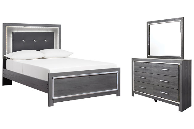 Reminiscent of Hollywood glamour of yesteryear, the Lodanna bedroom set with full panel bed and dresser/mirror interprets luxury in a decidedly modern way. Headboard details include button-tufted upholstery, faceted faux crystals and LED lights enhanced with remote-controlled settings for color and brightness. Chrome-tone drawer pulls and accents are a chic complement to the dazzling gray finish.Includes panel bed (headboard, footboard and rails), 6-drawer dresser and mirror | Made of engineered wood (MDF/particleboard) and decorative laminate | Gray finish with replicated wood grain | Dresser with smooth-operating drawers lined with faux linen laminate; faceted chrome-tone pulls and accents | Bed with faux leather upholstery and faux crystal accents | Bed with accent LED lights with remote to control color and brightness | Power cord included; UL Listed | Mirror attaches to back of dresser | Foundation/box spring required, sold separately; mattress not included, sold separately | Safety is a top priority, clothing storage units are designed to meet the most current standard for stability, ASTM F 2057 (ASTM International) | Drawers extend out to accommodate maximum access to drawer interior while maintaining safety | Assembly required | Estimated Assembly Time: 15 Minutes